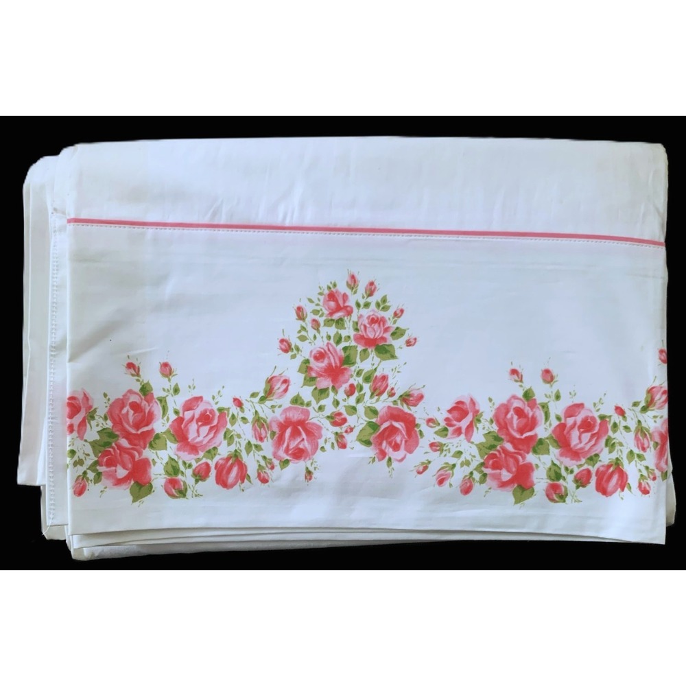1960 Cannon TWIN FLAT Sheet PINK ROSE GARLAND Piping Cotton Fabric‎ NOS Vtg READ